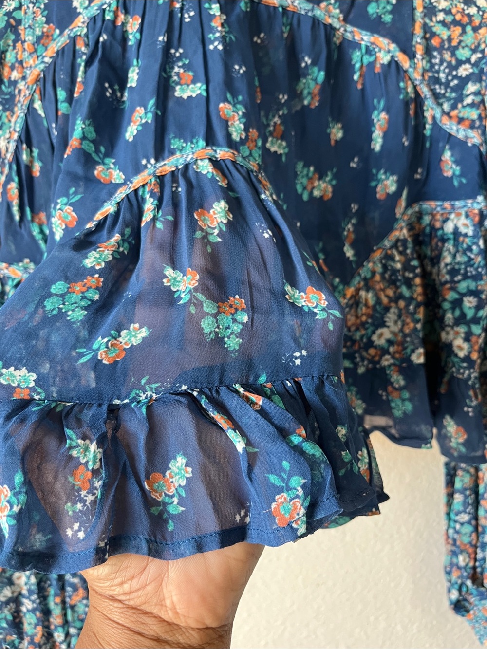 Anthropologie Navy Floral Peasant Blouse with Ruffle Tiers Sz S Boho Vacay - Picture 10 of 10